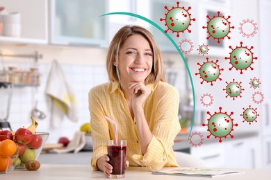 Image of Happy woman with immunity boosting cocktail in kitchen. Protection against viruses