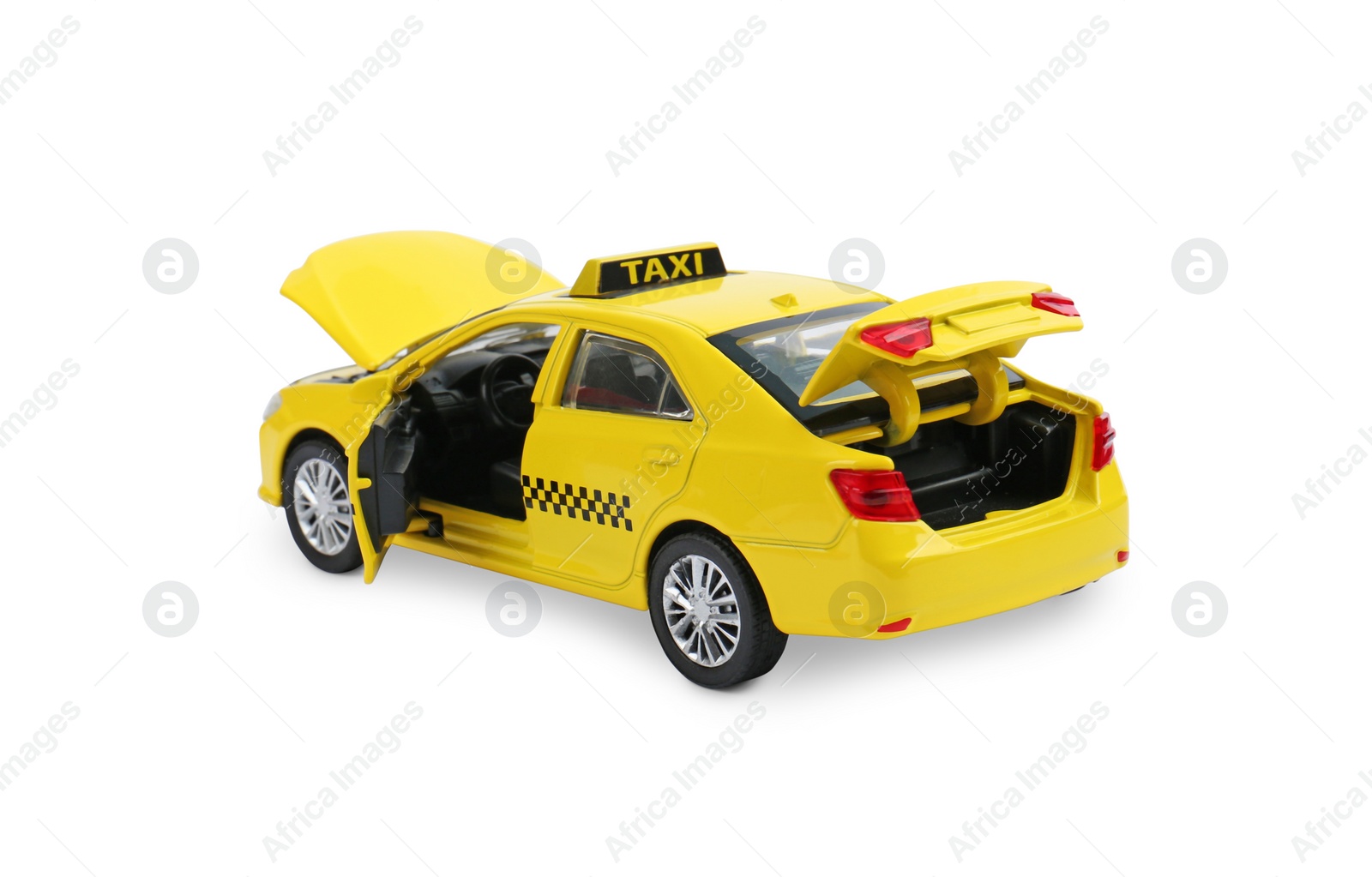 Photo of Yellow taxi car isolated on white. Children's toy