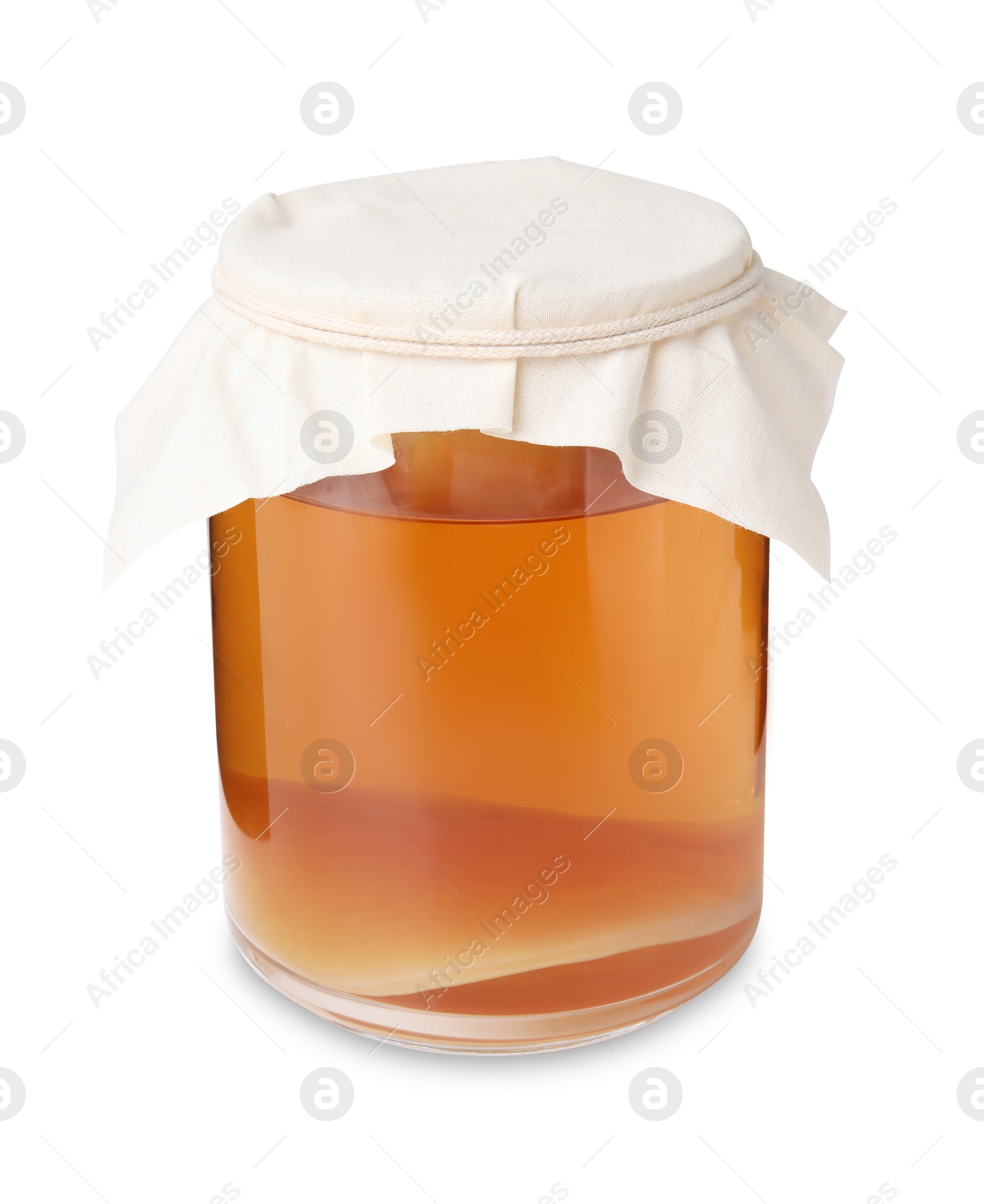 Photo of Tasty kombucha in glass jar isolated on white
