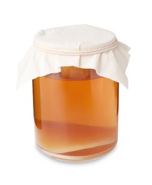 Tasty kombucha in glass jar isolated on white