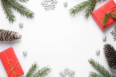 Photo of Flat lay composition with Christmas decorations on white background, space for text