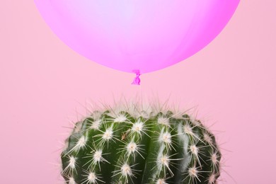 Image of Violet balloon over cactus on pink background