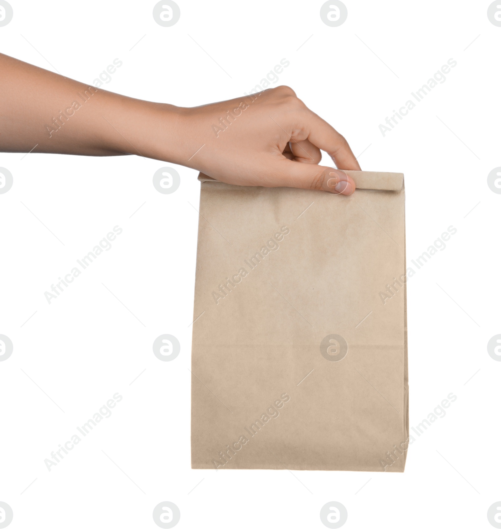 Photo of Woman holding paper bag on white background, closeup