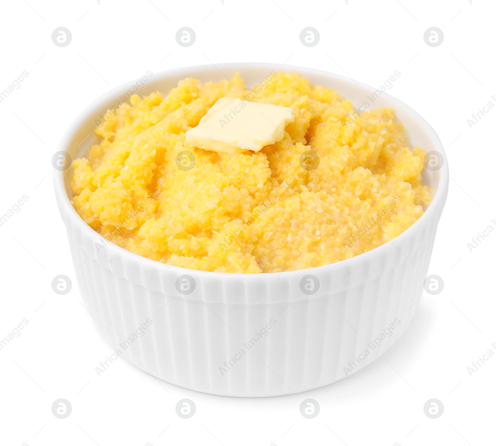 Photo of Tasty cornmeal with butter in bowl isolated on white