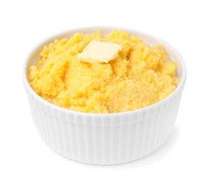 Photo of Tasty cornmeal with butter in bowl isolated on white