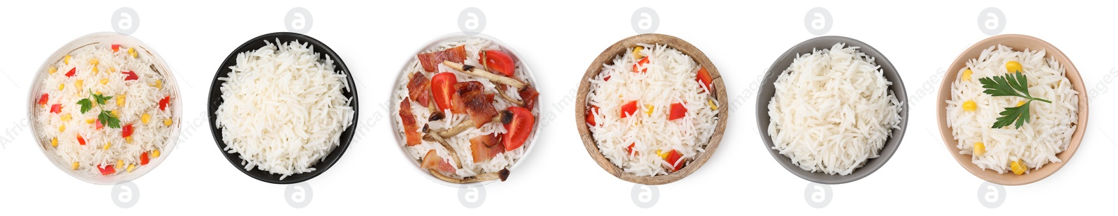 Image of Set of tasty rice in bowls isolated on white, top view