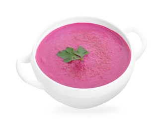 Delicious beetroot cream soup in bowl isolated on white