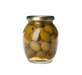 Photo of Glass jar with pickled olives isolated on white