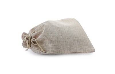 Photo of One tied burlap bag isolated on white