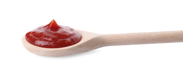 Photo of Spoon with tasty ketchup isolated on white. Tomato sauce