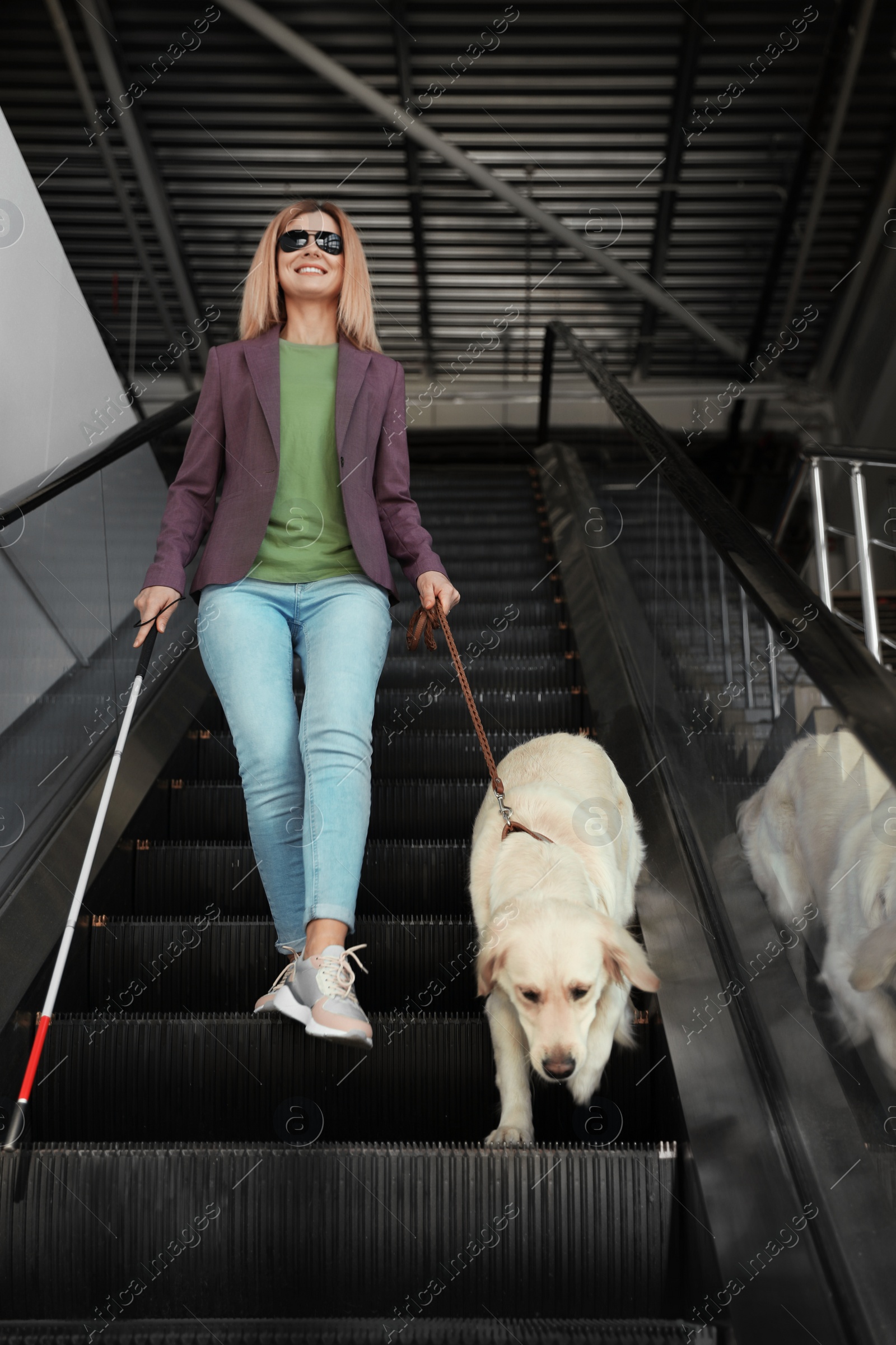Photo of Blind person with long cane and guide dog on escalator indoors