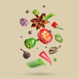 Image of Different spices falling on dark beige background