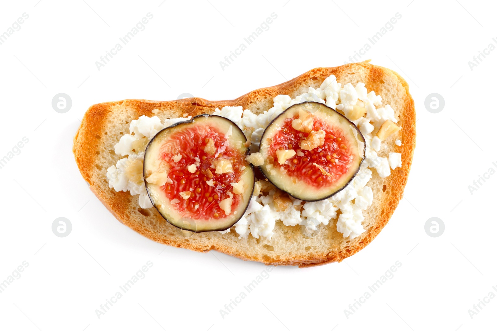 Photo of Bruschetta with cheese and figs isolated on white, top view