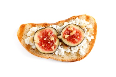 Photo of Bruschetta with cheese and figs isolated on white, top view