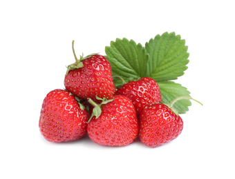 Photo of Sweet fresh ripe strawberries with green leaves on white background