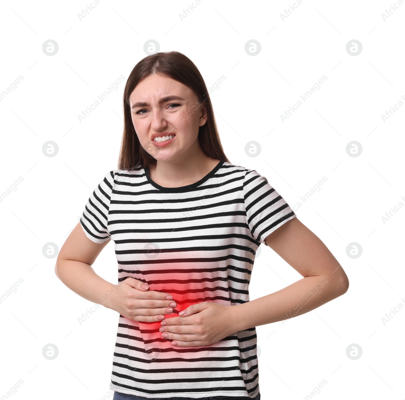 Image of Woman suffering from stomach pain on white background