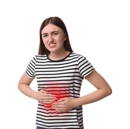 Image of Woman suffering from stomach pain on white background