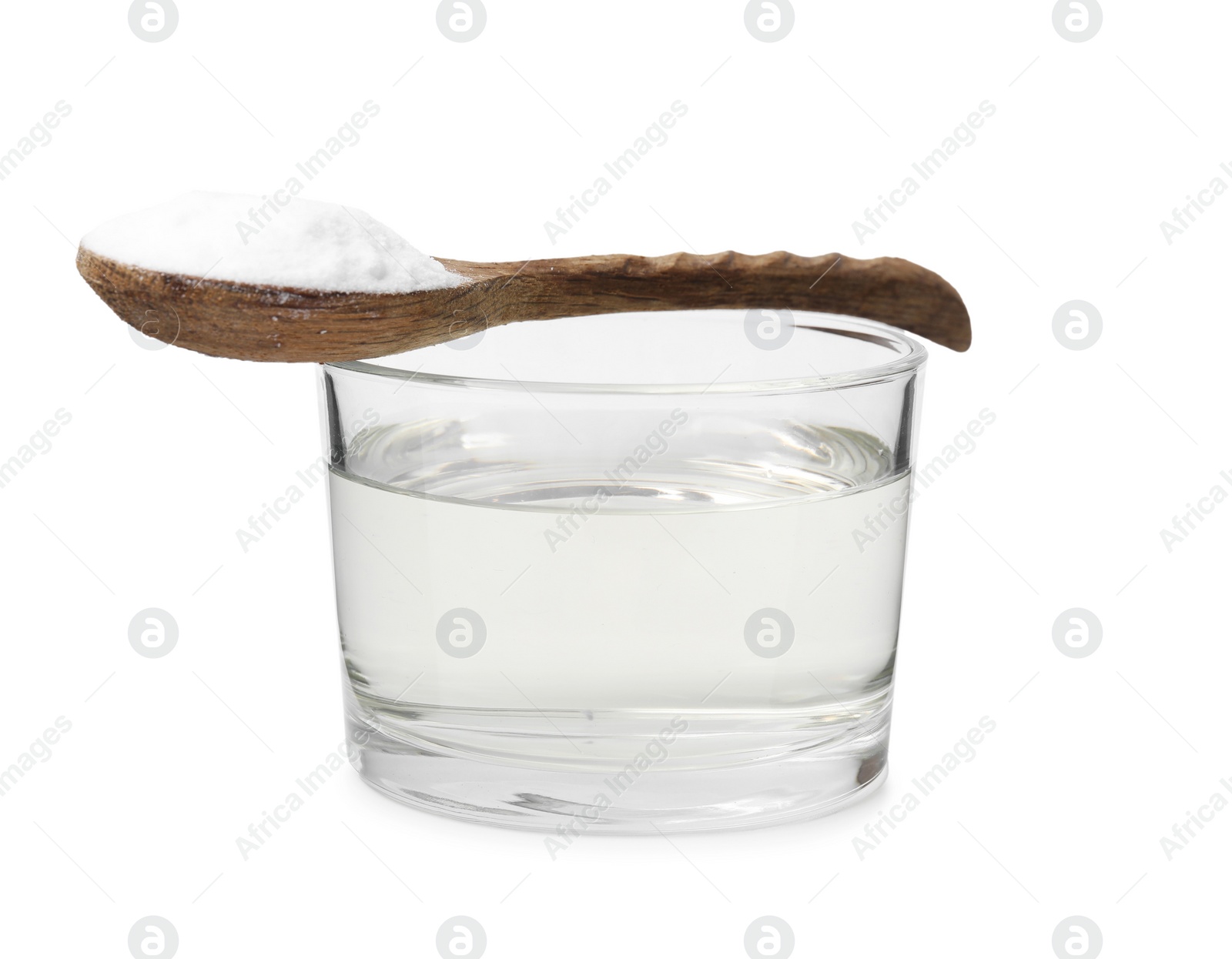 Photo of Vinegar in glass bowl, baking soda and spoon isolated on white