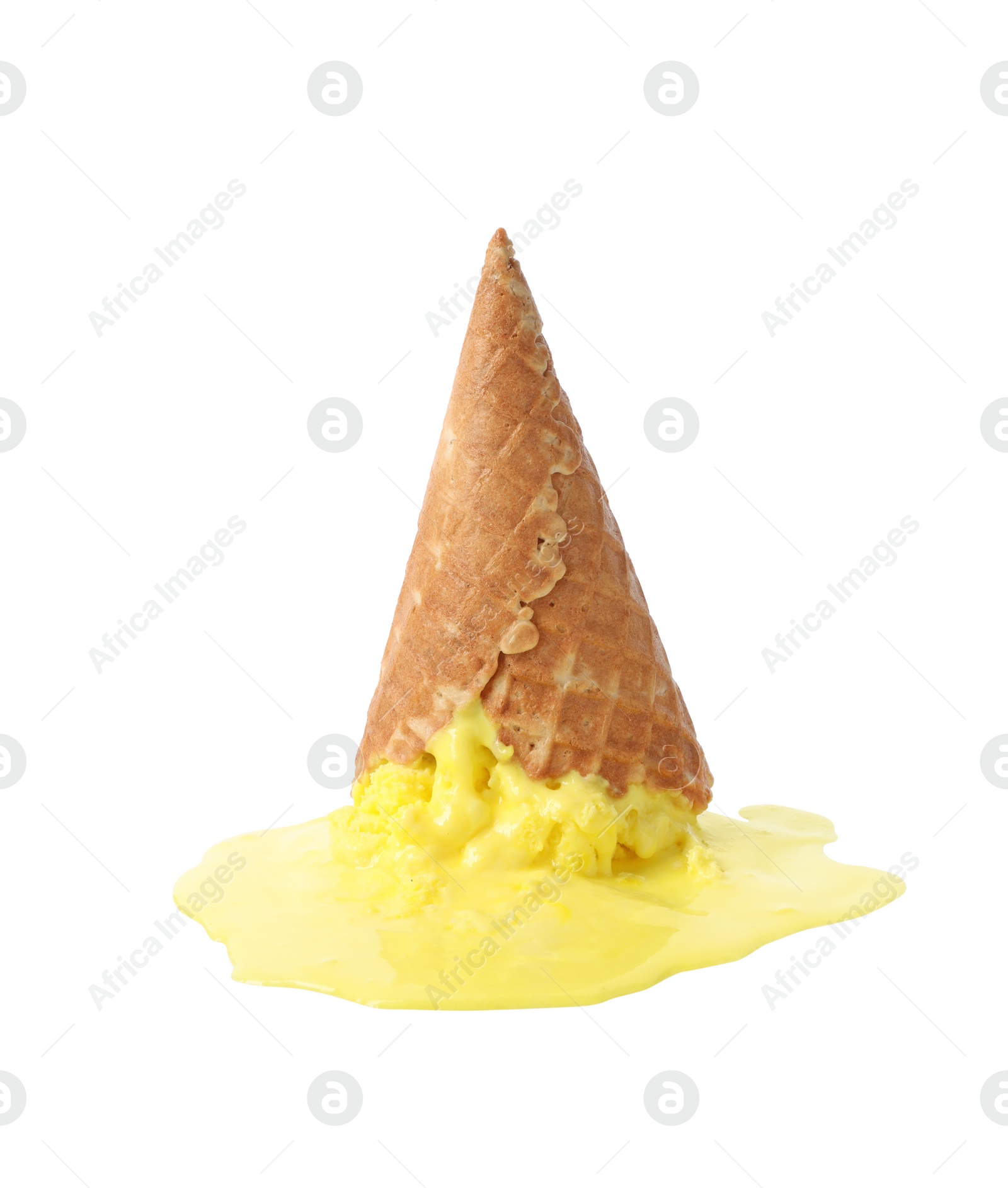 Photo of Melting ice cream in wafer cone isolated on white