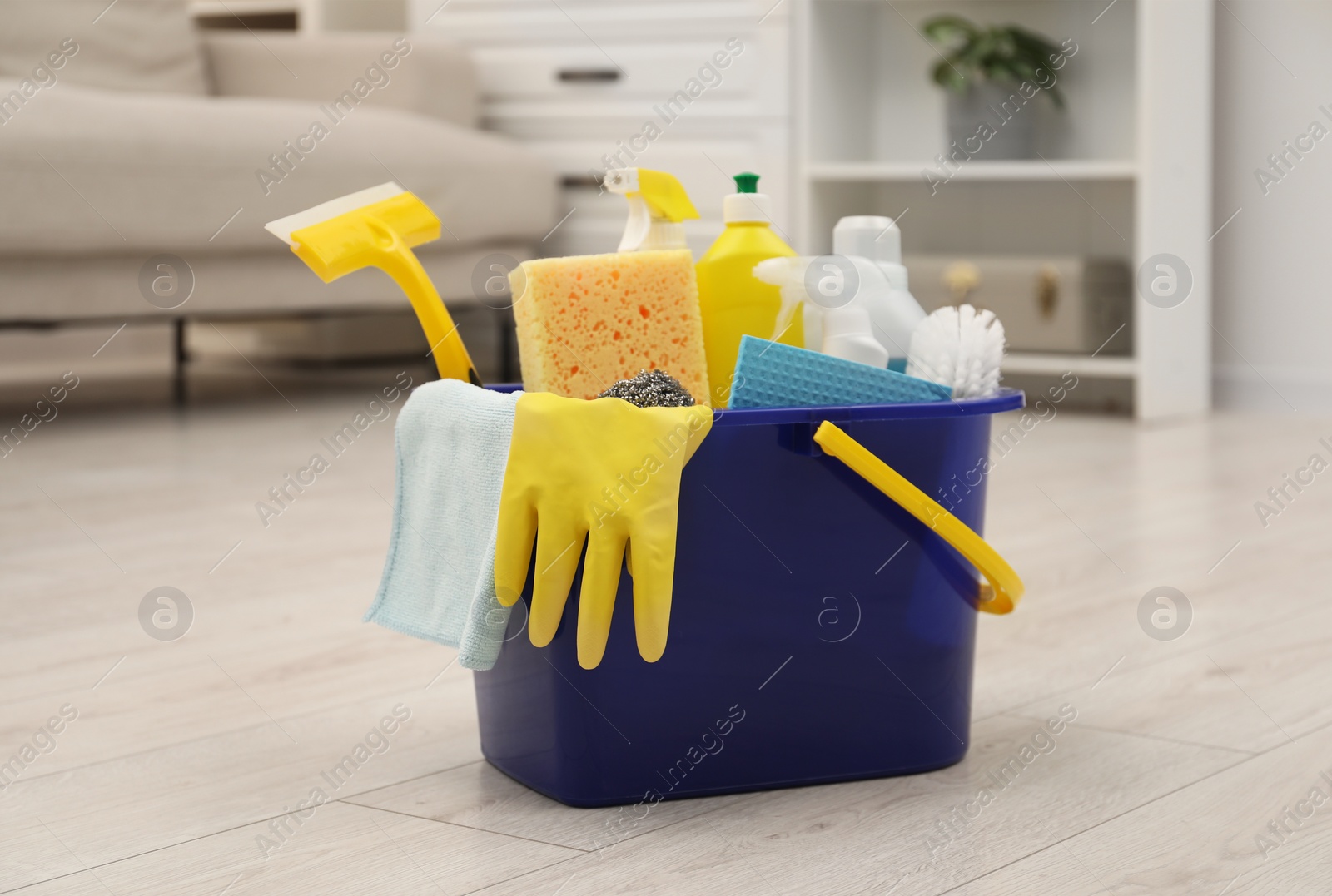 Photo of Different cleaning supplies in bucket on floor at home