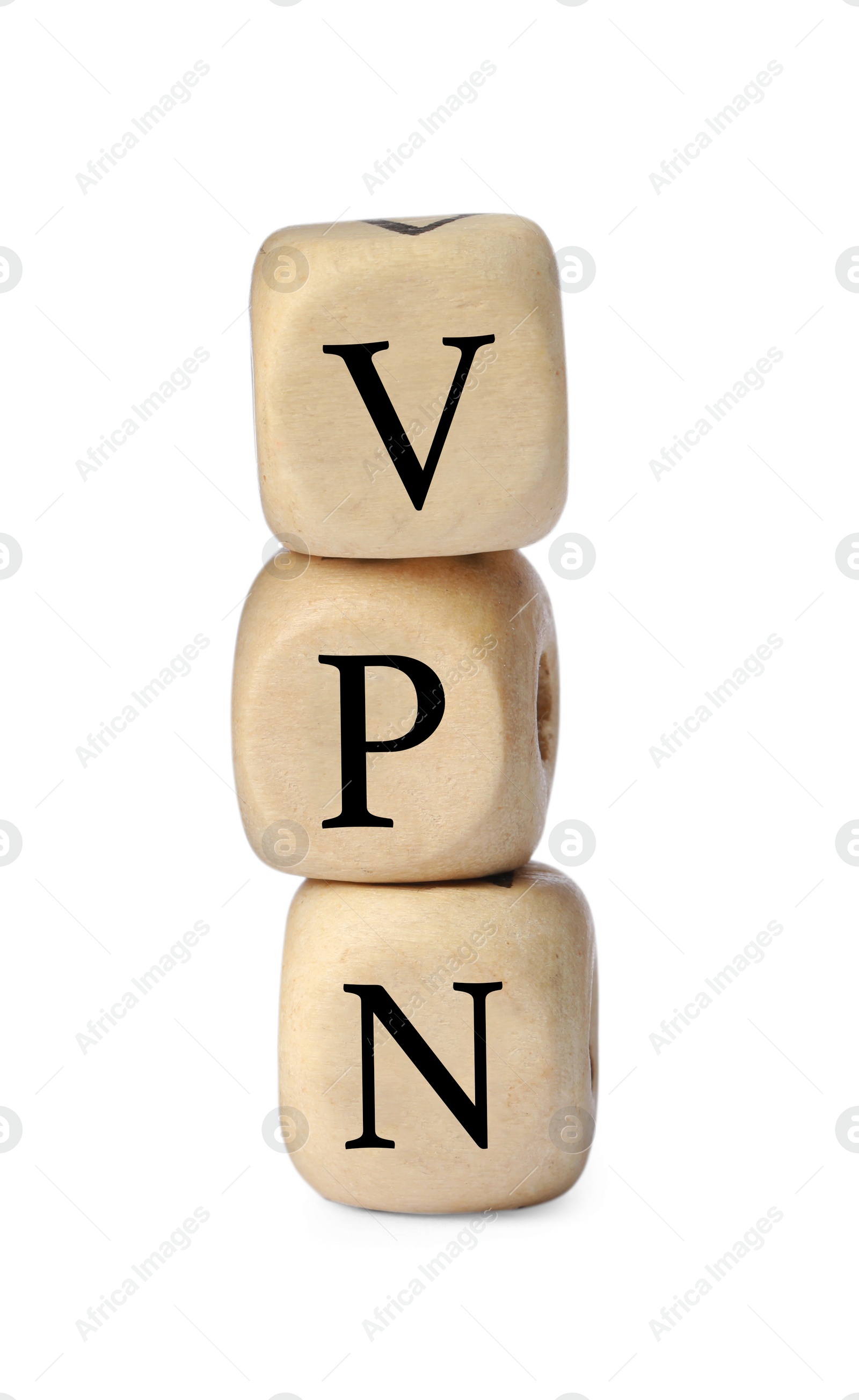 Photo of Wooden beads with acronym VPN on white background