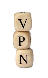 Wooden beads with acronym VPN on white background