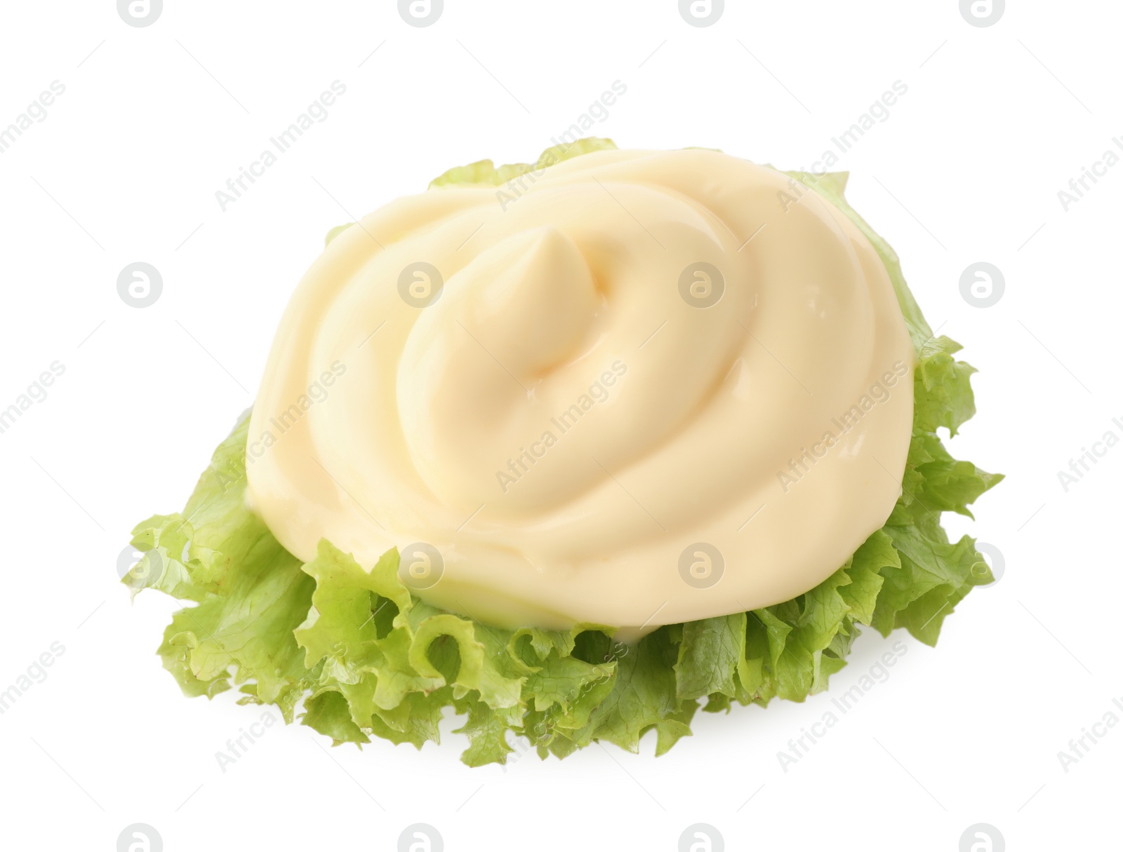 Photo of Tasty mayonnaise with lettuce isolated on white