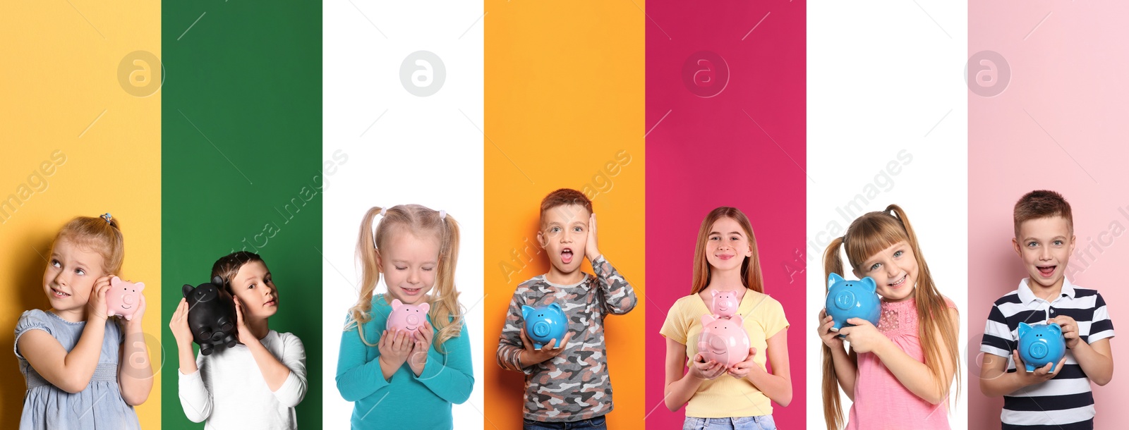 Image of Collage with photos of children holding piggy banks on different color backgrounds. Banner design