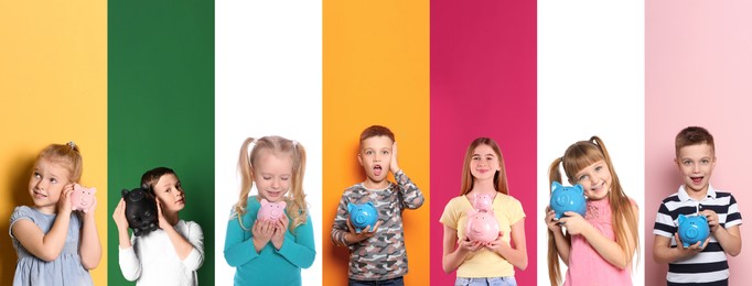 Image of Collage with photos of children holding piggy banks on different color backgrounds. Banner design