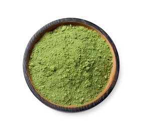 Photo of Green matcha powder in bowl isolated on white, top view