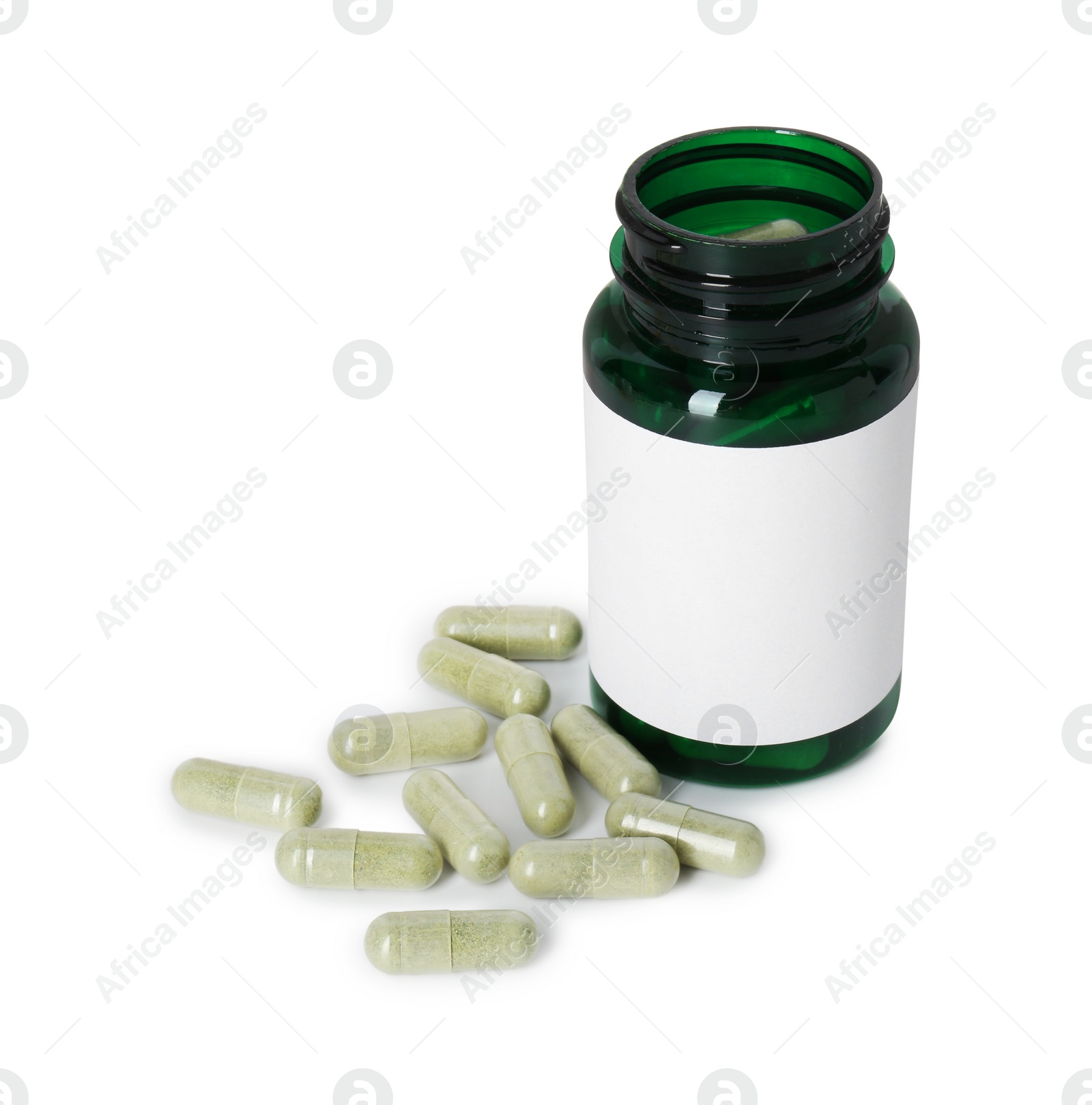 Photo of Bottle and pile of vitamin pills isolated on white