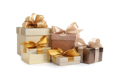 Many beautiful gift boxes on white background