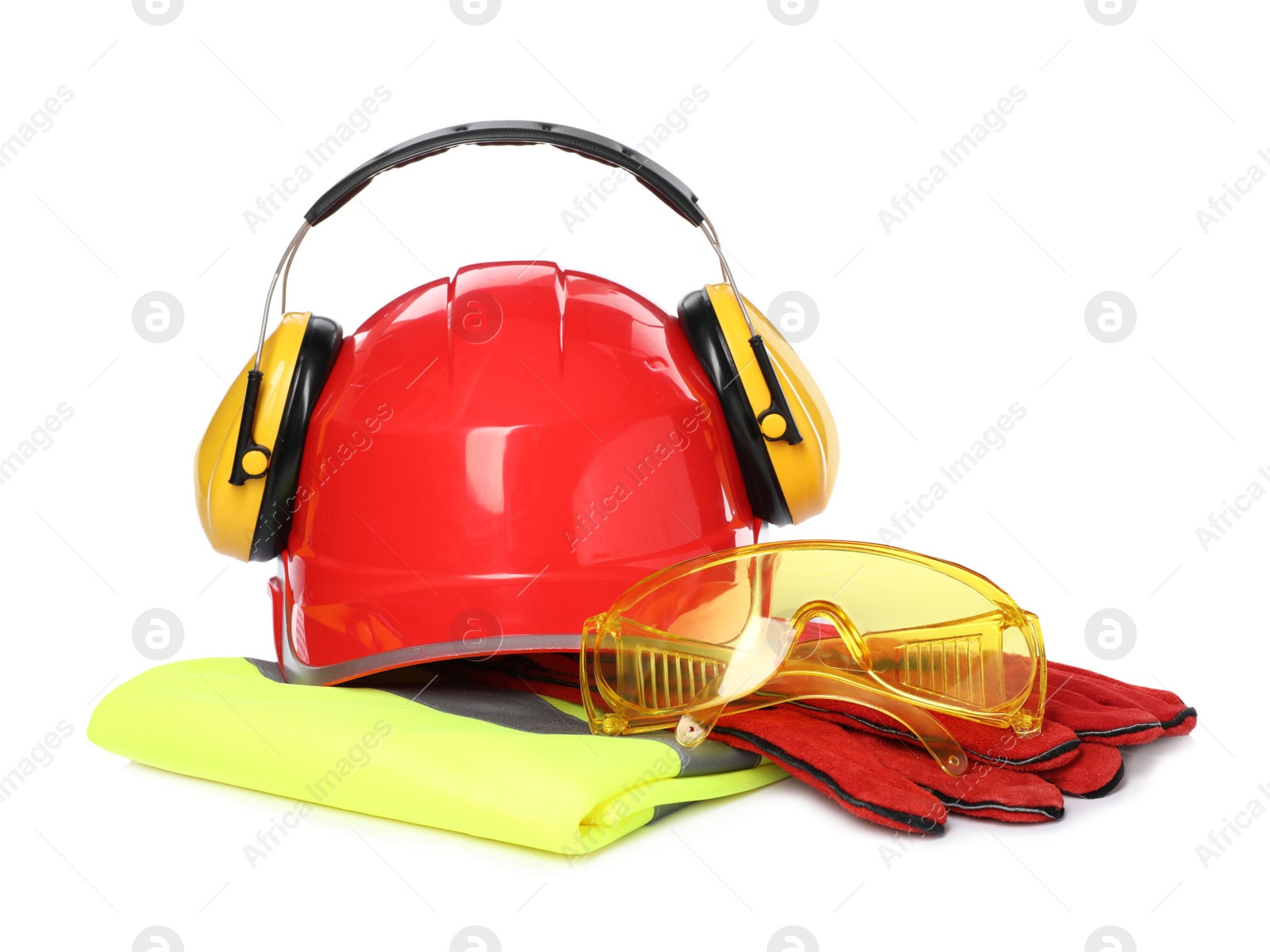 Photo of Protective workwear on white background. Safety equipment