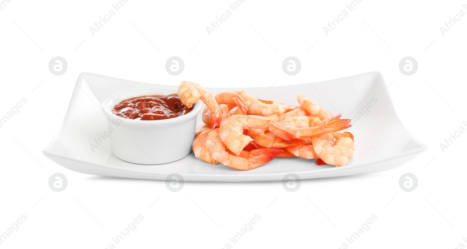 Photo of Delicious shrimp cocktail with tomato sauce isolated on white