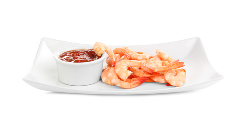 Photo of Delicious shrimp cocktail with tomato sauce isolated on white