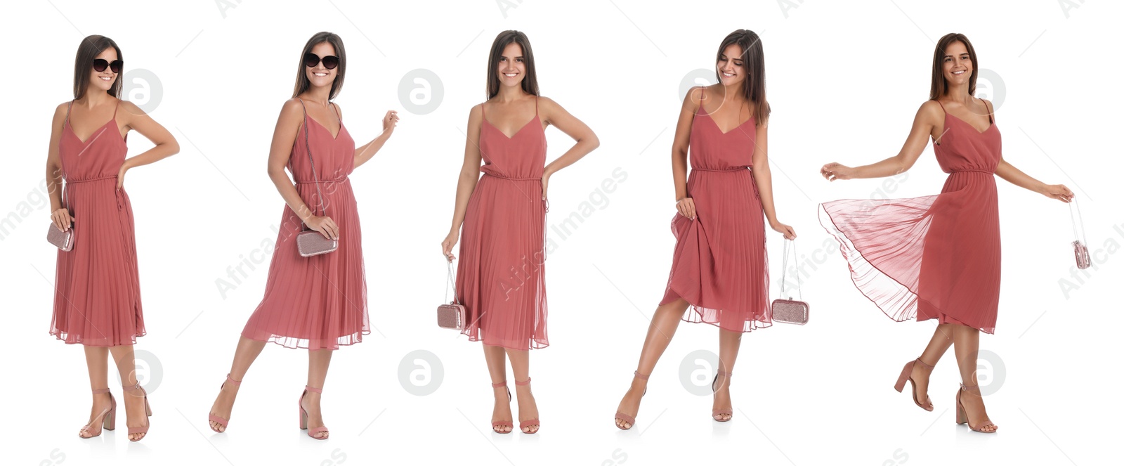 Image of Collage with photos of woman in beautiful dress on white background. Banner design