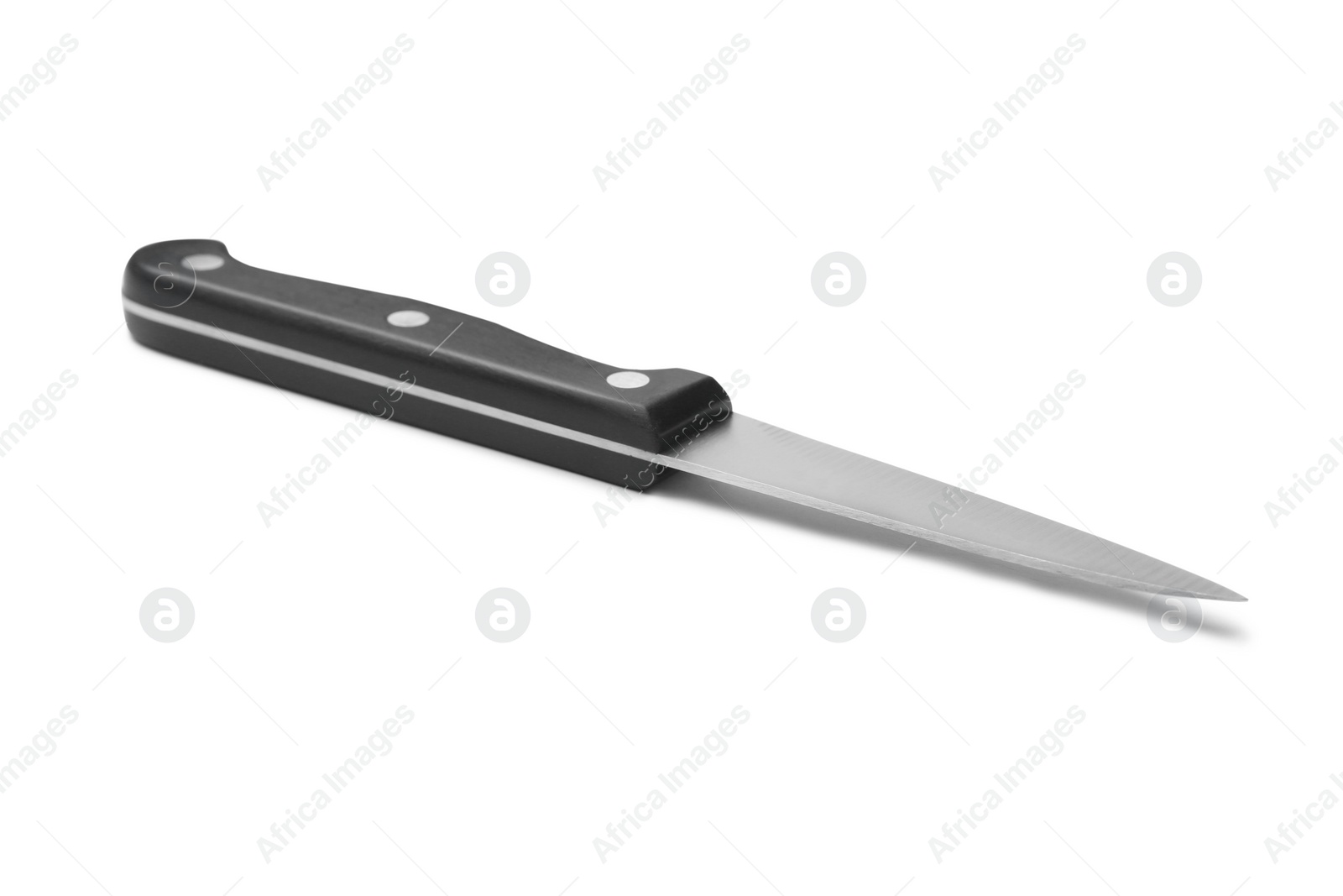 Photo of Sharp paring knife with black handle isolated on white