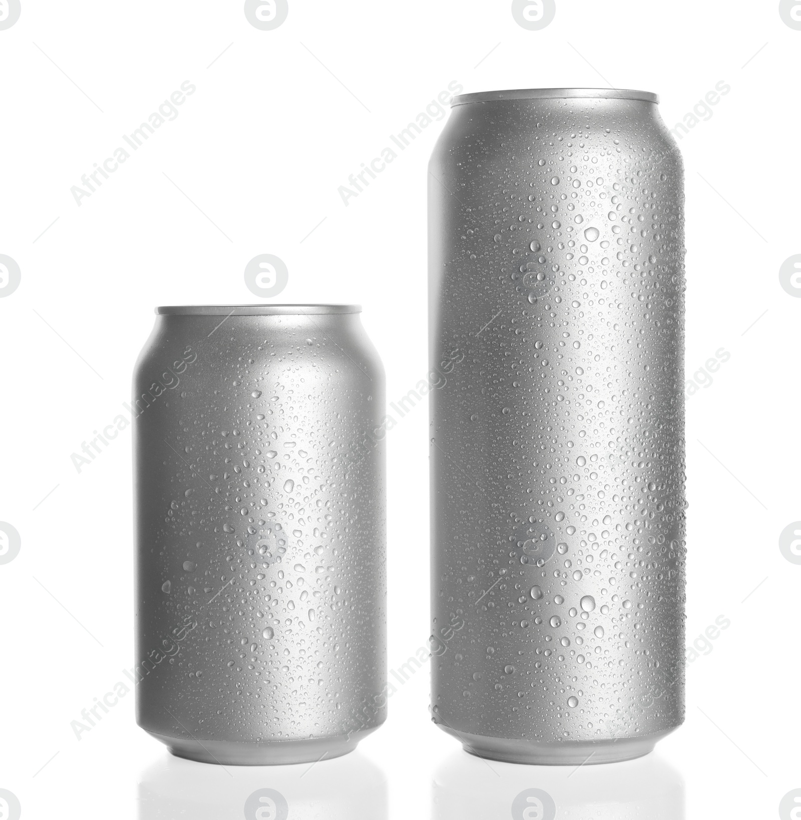 Photo of Aluminum cans with water drops on white background. Mockup for design