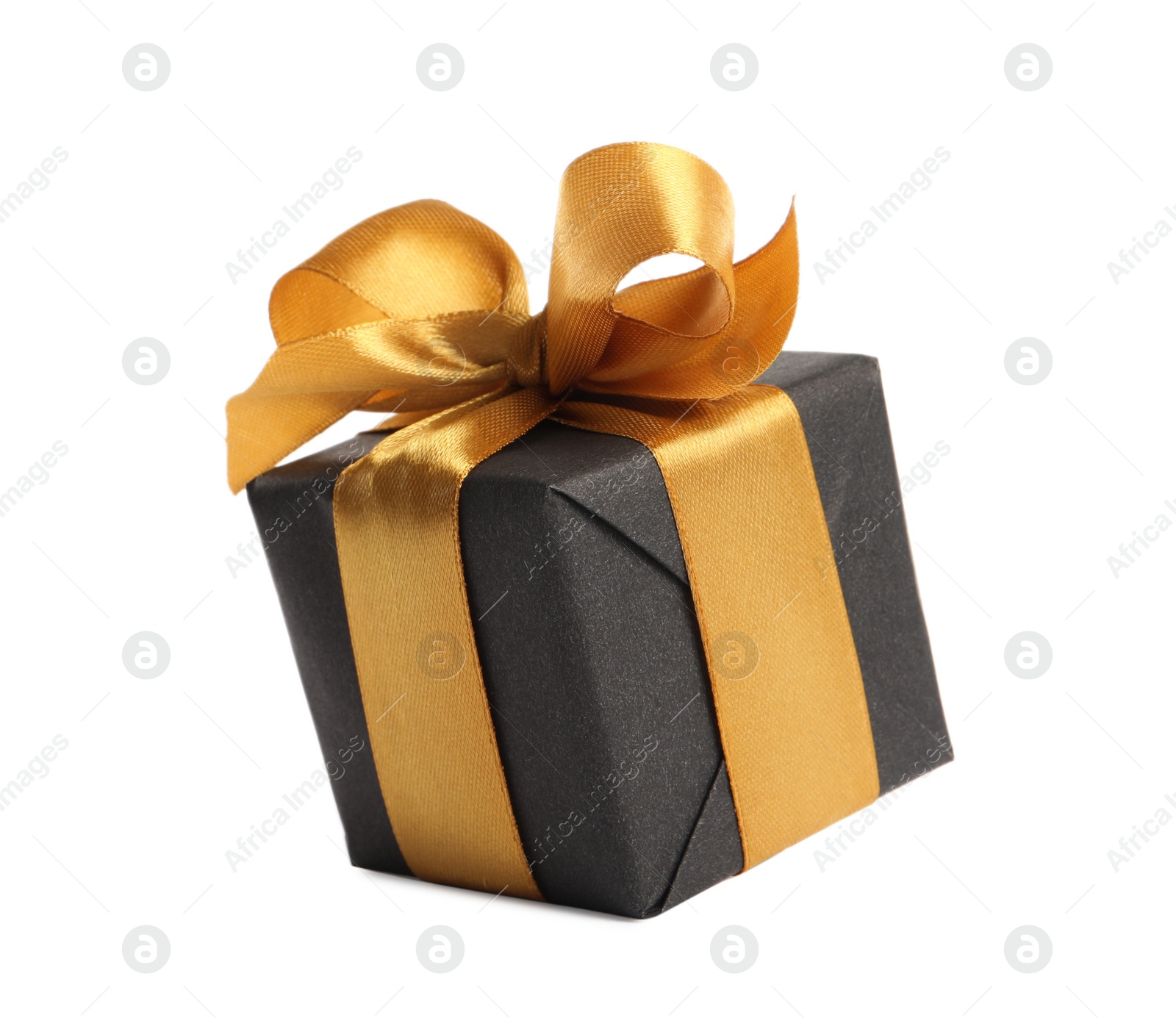 Photo of Beautiful gift box with golden ribbon and bow on white background