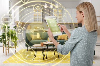 Image of Woman using smart home control system via application on tablet indoors. Scheme with icons near her