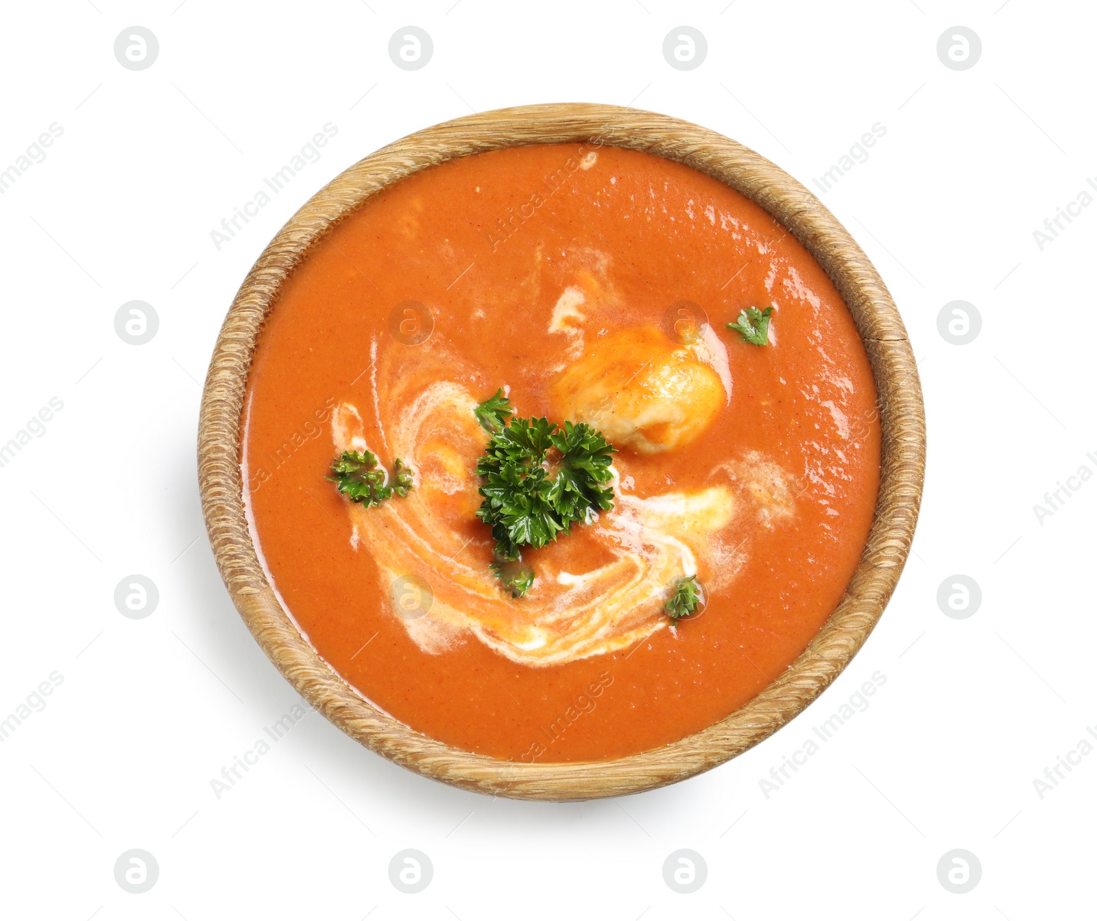 Photo of Bowl of delicious butter chicken on white background, top view. Traditional indian Murgh Makhani