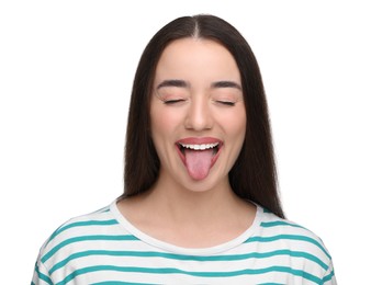 Photo of Happy woman showing her tongue on white background