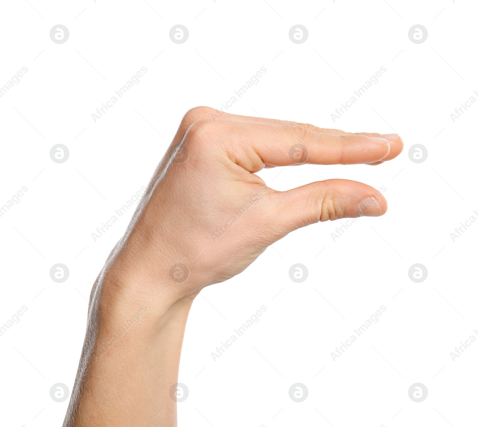 Photo of Man showing word no on white background, closeup. Sign language