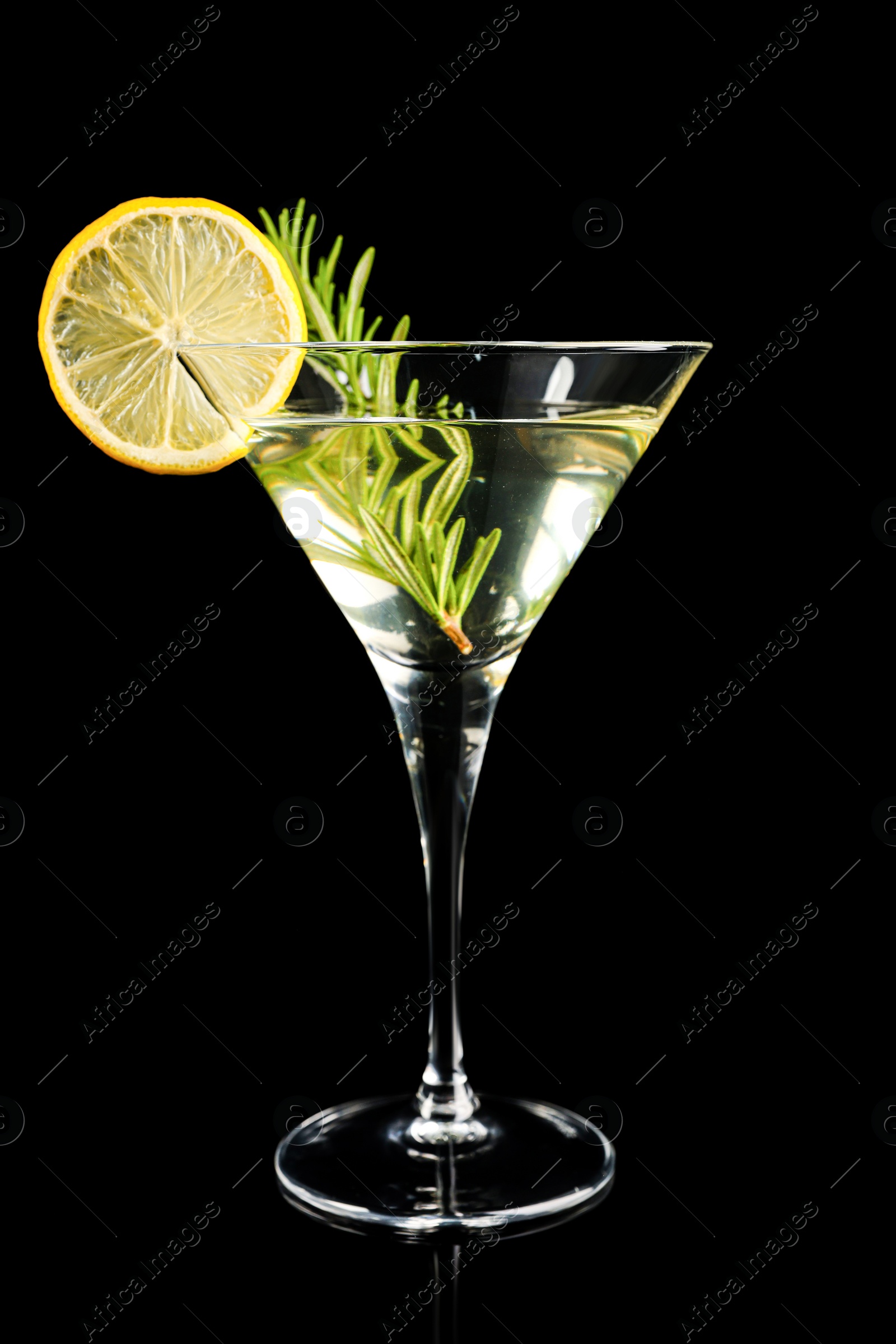 Photo of Martini cocktail with lemon slice and rosemary on black background