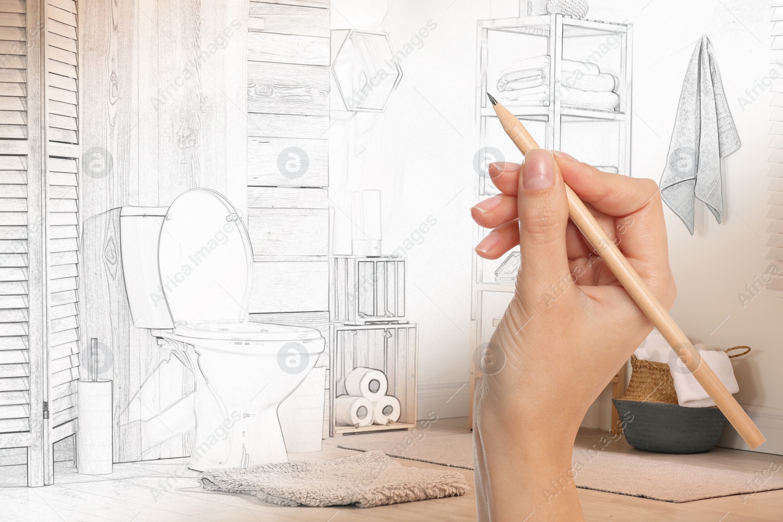 Image of Woman drawing bathroom interior design. Combination of photo and sketch