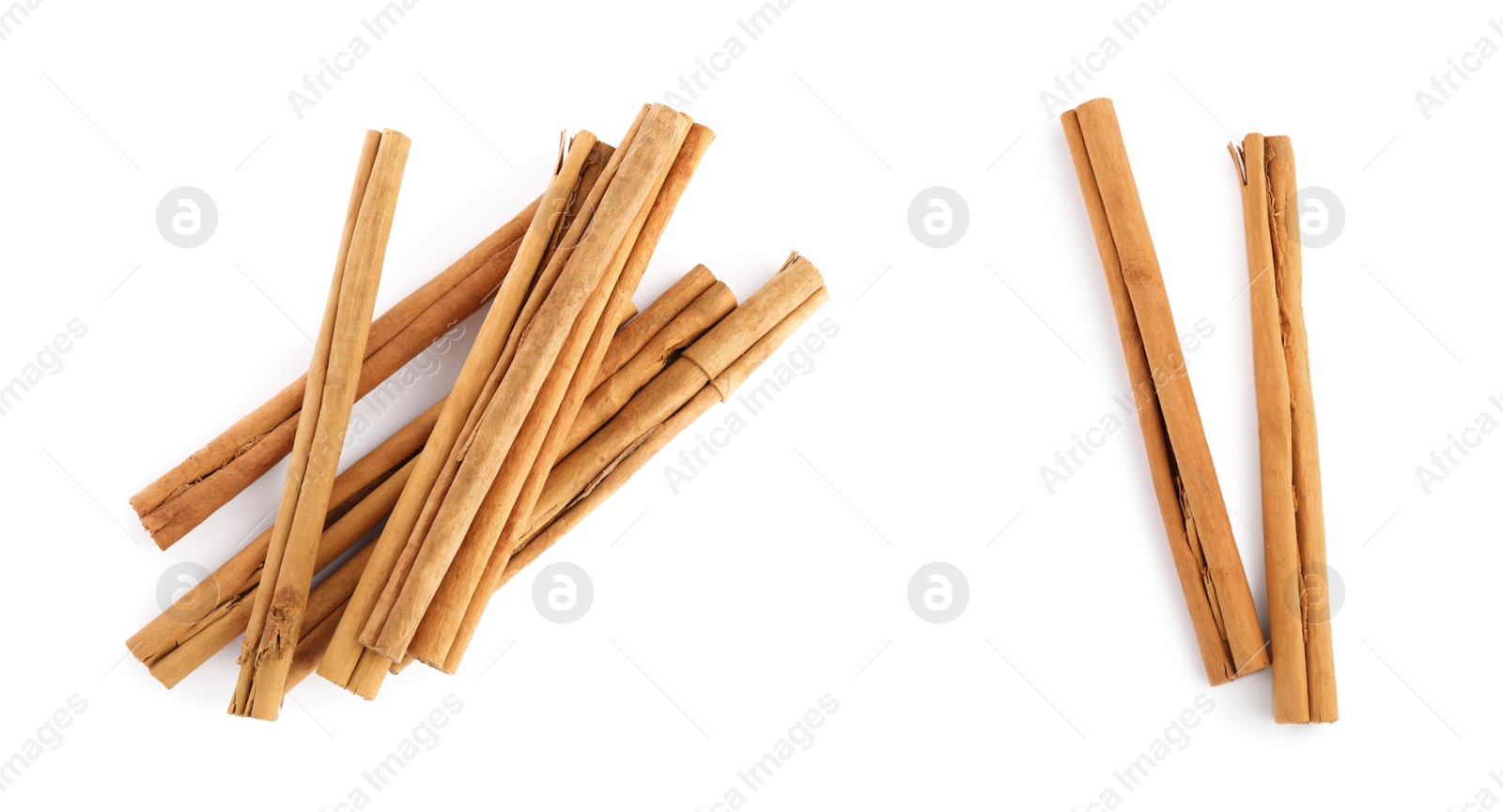 Image of Aromatic cinnamon sticks on white background, top view. Banner design