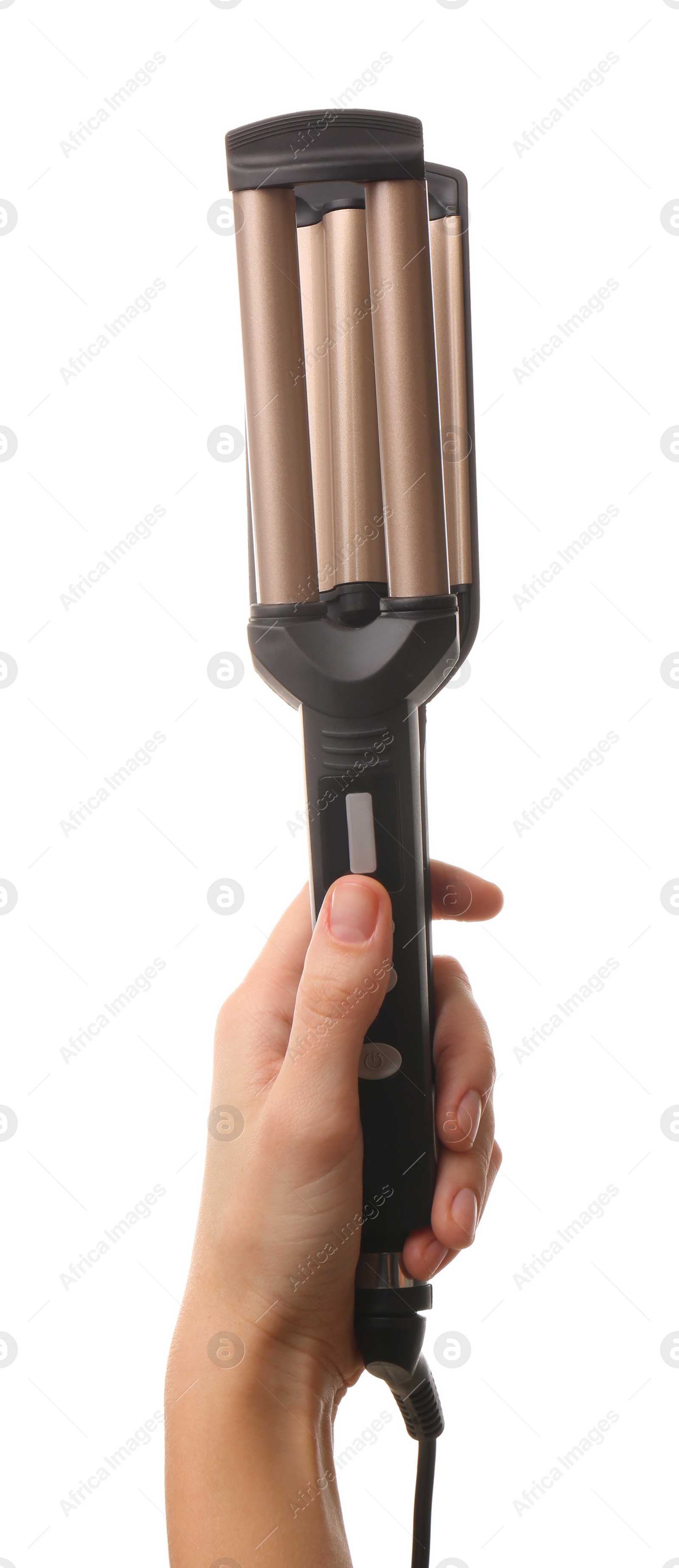 Photo of Woman holding modern triple curling iron on white background, closeup