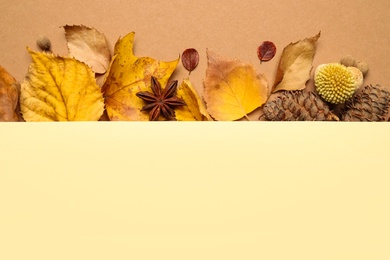 Photo of Flat lay composition with autumn leaves and blank card on beige background, space for text