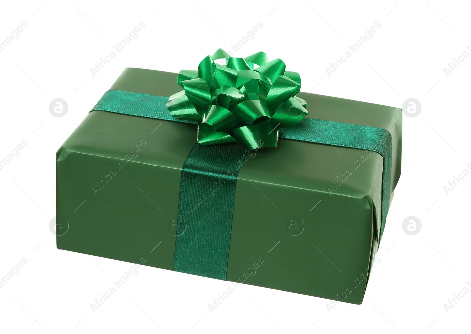 Photo of Green gift box with bow isolated on white