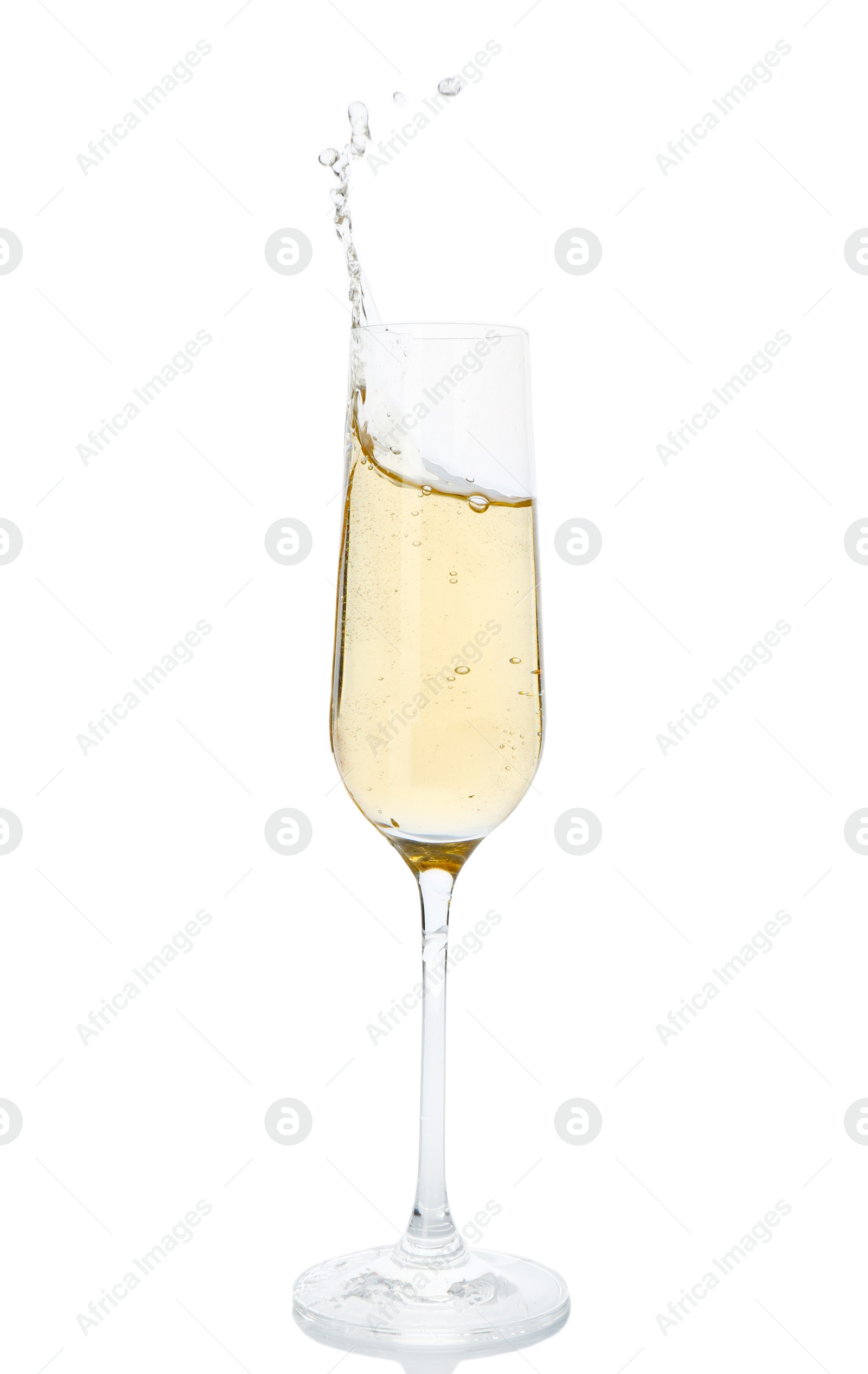 Photo of Glass of champagne on white background. Festive drink